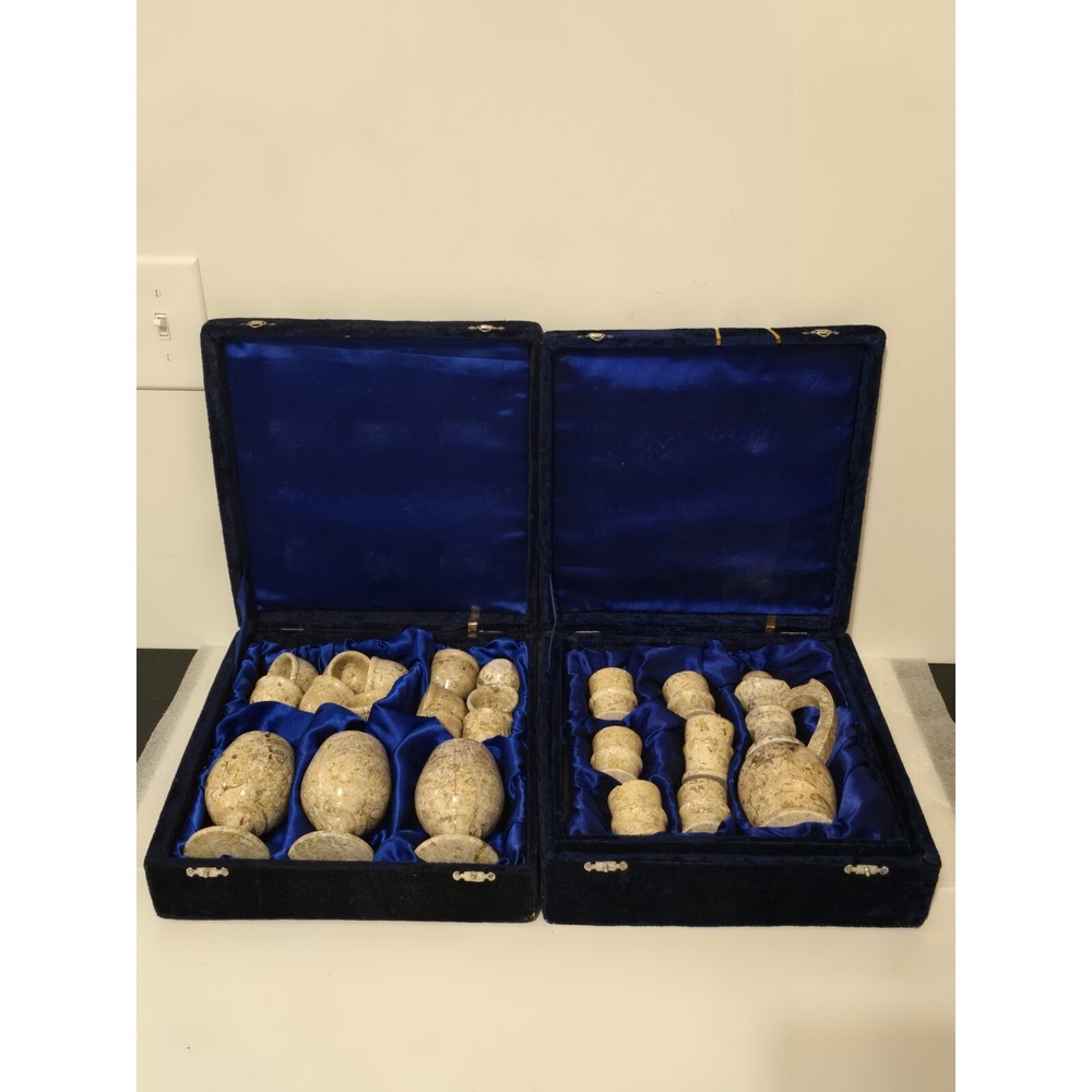 Marble Tea Set 22 Pieces /w Dark Blue Felt Lined Boxes Goblets Egg Cups See Desc